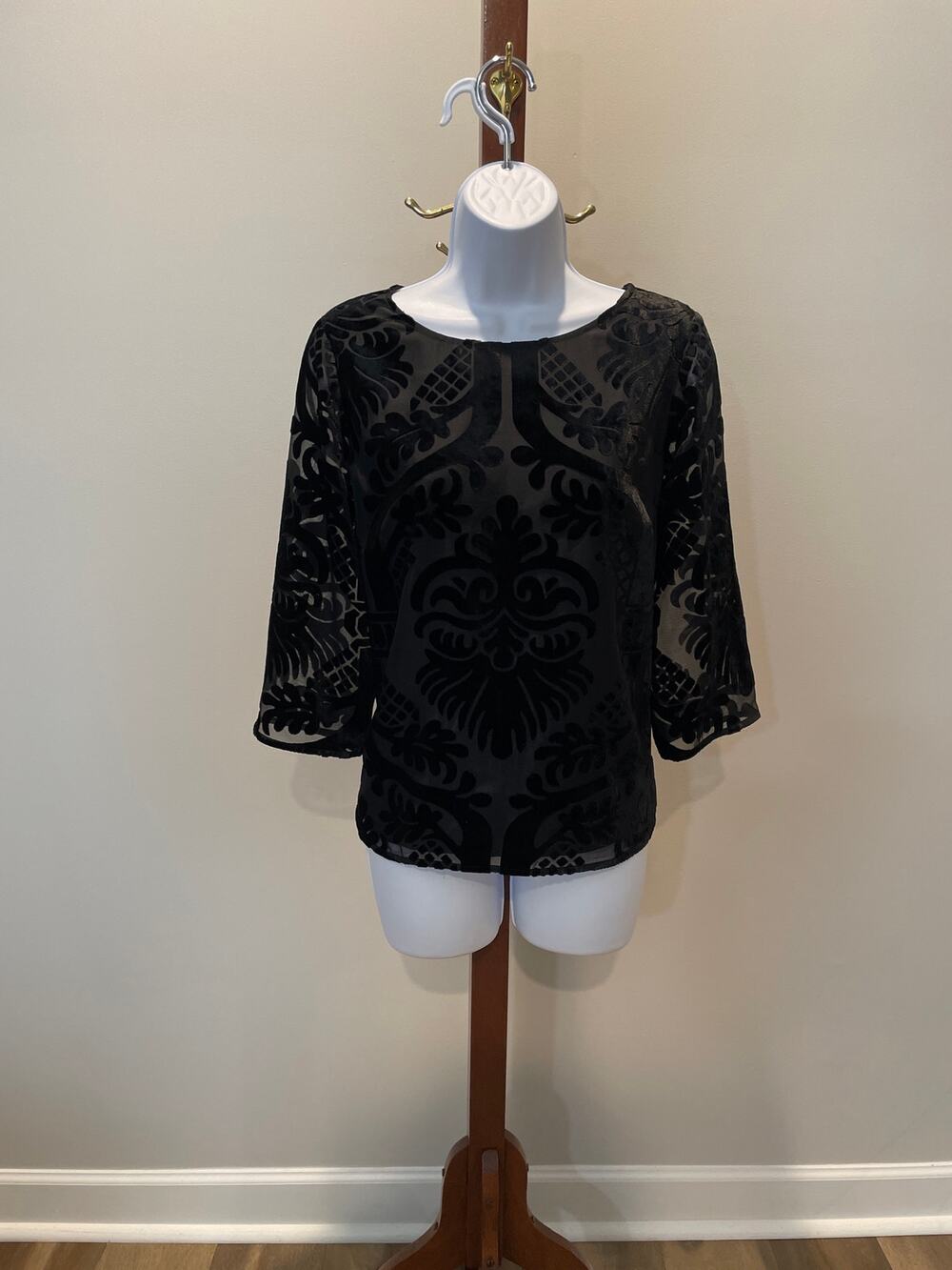 RSVP by Talbots Black Chiffon Velvet Boho Long Sleeve Top Size M Petite NWOT